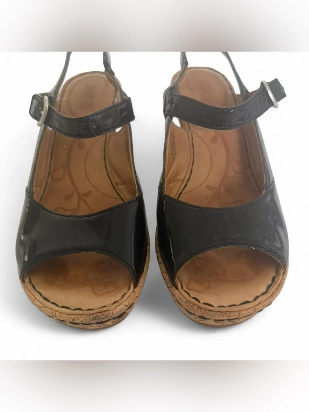 Born Black Patent Leather Cork Wedge Peep Toe Platform Sandals Size 8 Resortwear